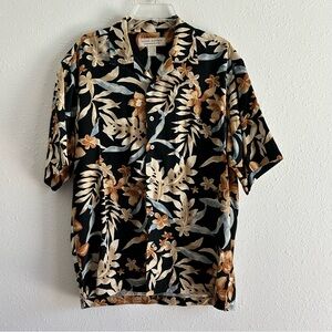 Men's Silk Button Front Hawaiian Shirt Size M Black Beige Resortwear Cruise